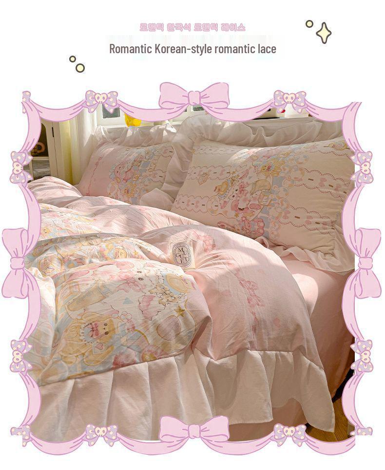 G5Z Princess Mingsha Lolita Lace Washed Cotton Bedding Set - Duvet Cover, Bed Sheet, Cute Girl Dormitory Style (4-Piece)