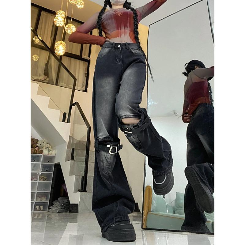 Dámské džínové kalhoty džínové kalhoty s vykrojeným úvazkem na noze vysoký pas y2k kalhoty harajuku streetwear punk gothic grunge estetický