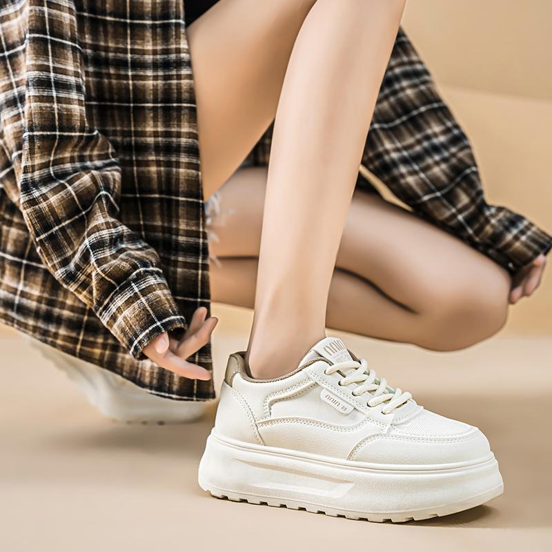 CRLAYDK Klassische Damen-Plateau-Sneakers Lässig Skateboard Walking Low Top Schuhe Damen PU-Leder Weiß Höhenerhöhung Tennis