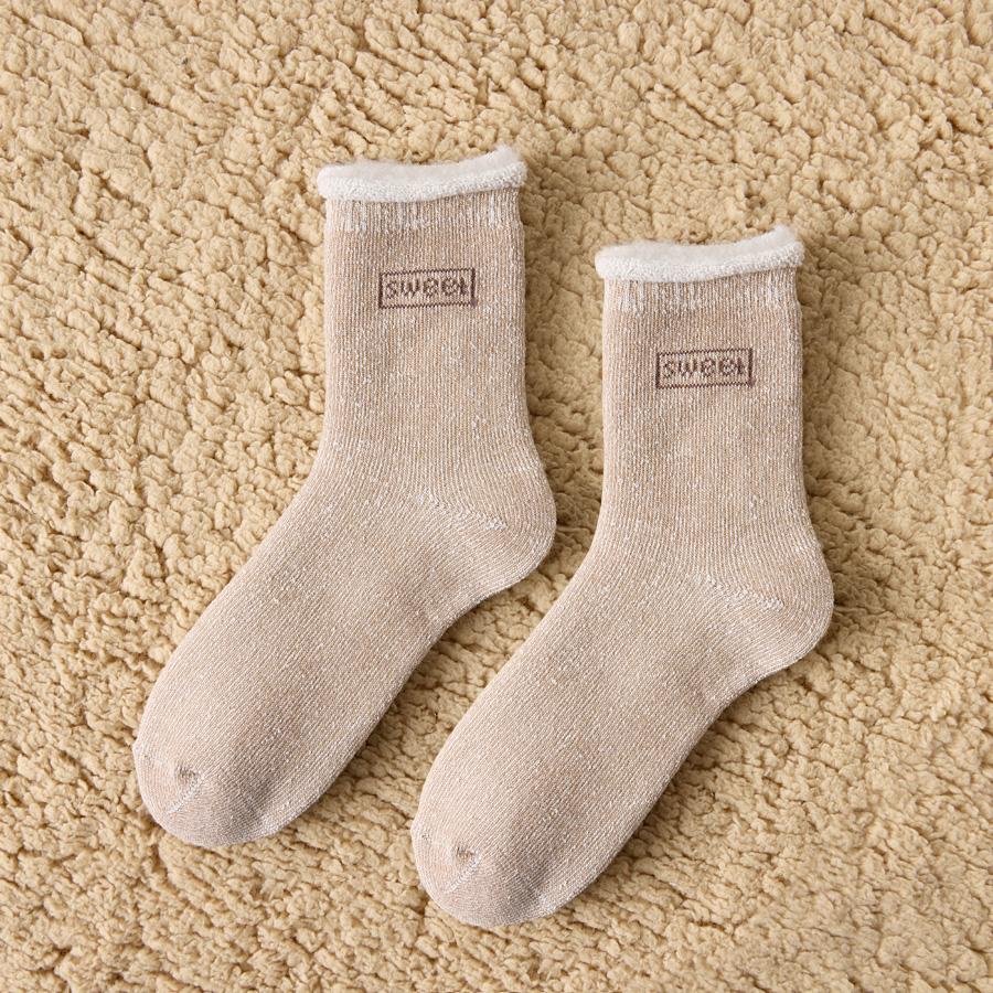 

1 пара женских утолщенных плюшевых теплых носков средней длины, зимние пушистые мягкие удобные женские носки для сна с загнутыми краями EUR35-40 хаки