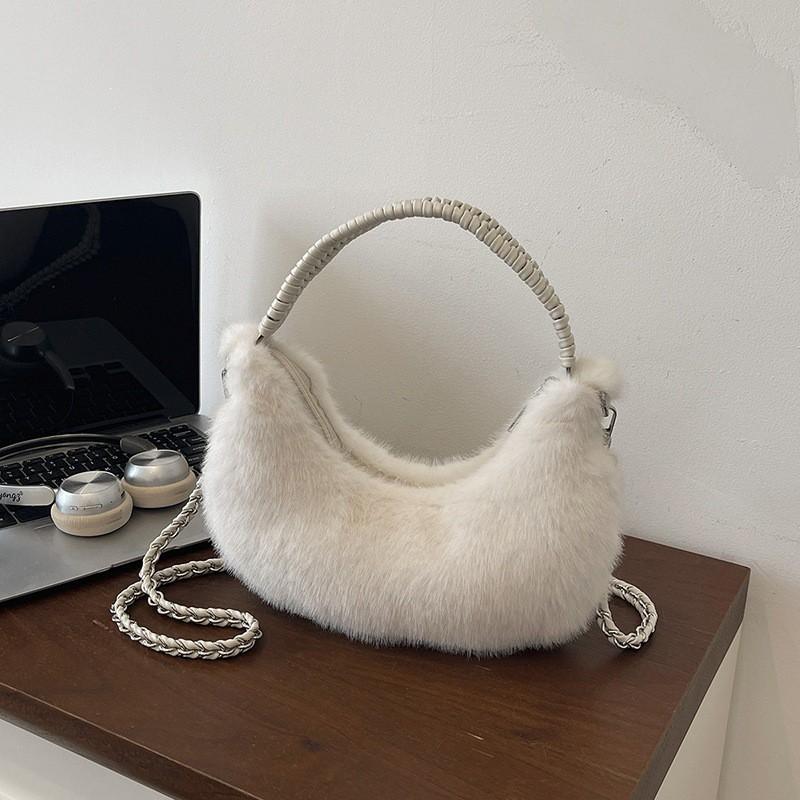 Cute Plush Shoulder Bag Women Soft Faux Fur Crossbody With Zip Card Pocket Urban Minimalist Style