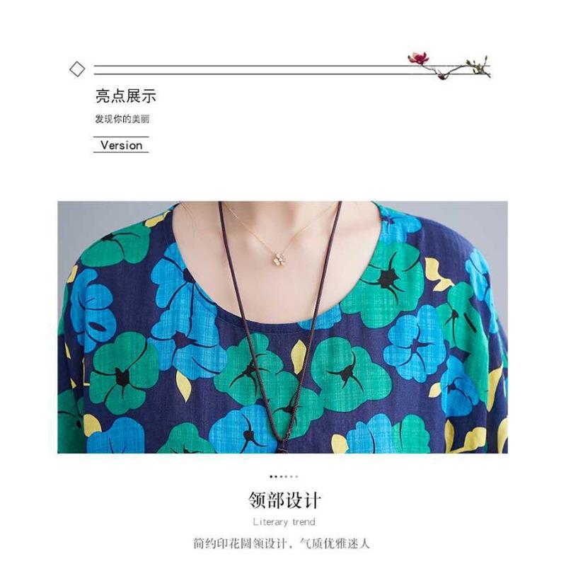 Summer New Literary Large Size Loose and Large Printed Round Neck Short Sleeve Dresses
