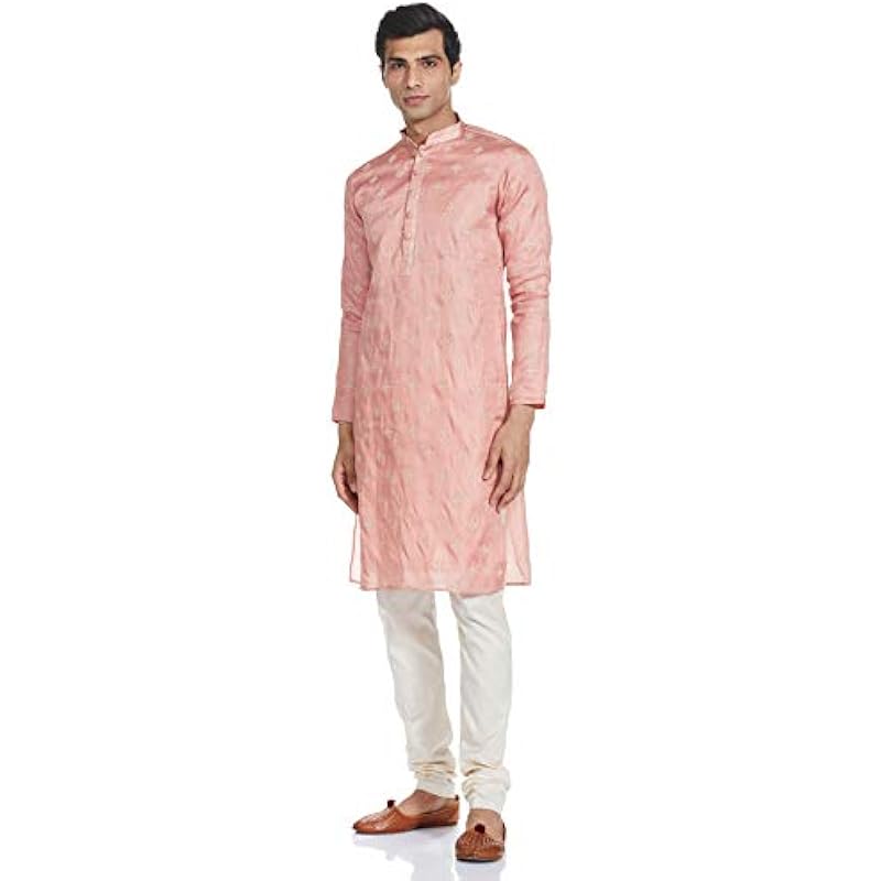 Manyavar Embroidered Design Knee Long Full Sleeves Kurta and Churidar Set For Men - (Pink, Large)
