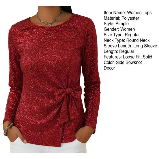 Women Tops Round Neck Long Sleeve Sparkling Sequins Pullover Tops with Shimmering Bow