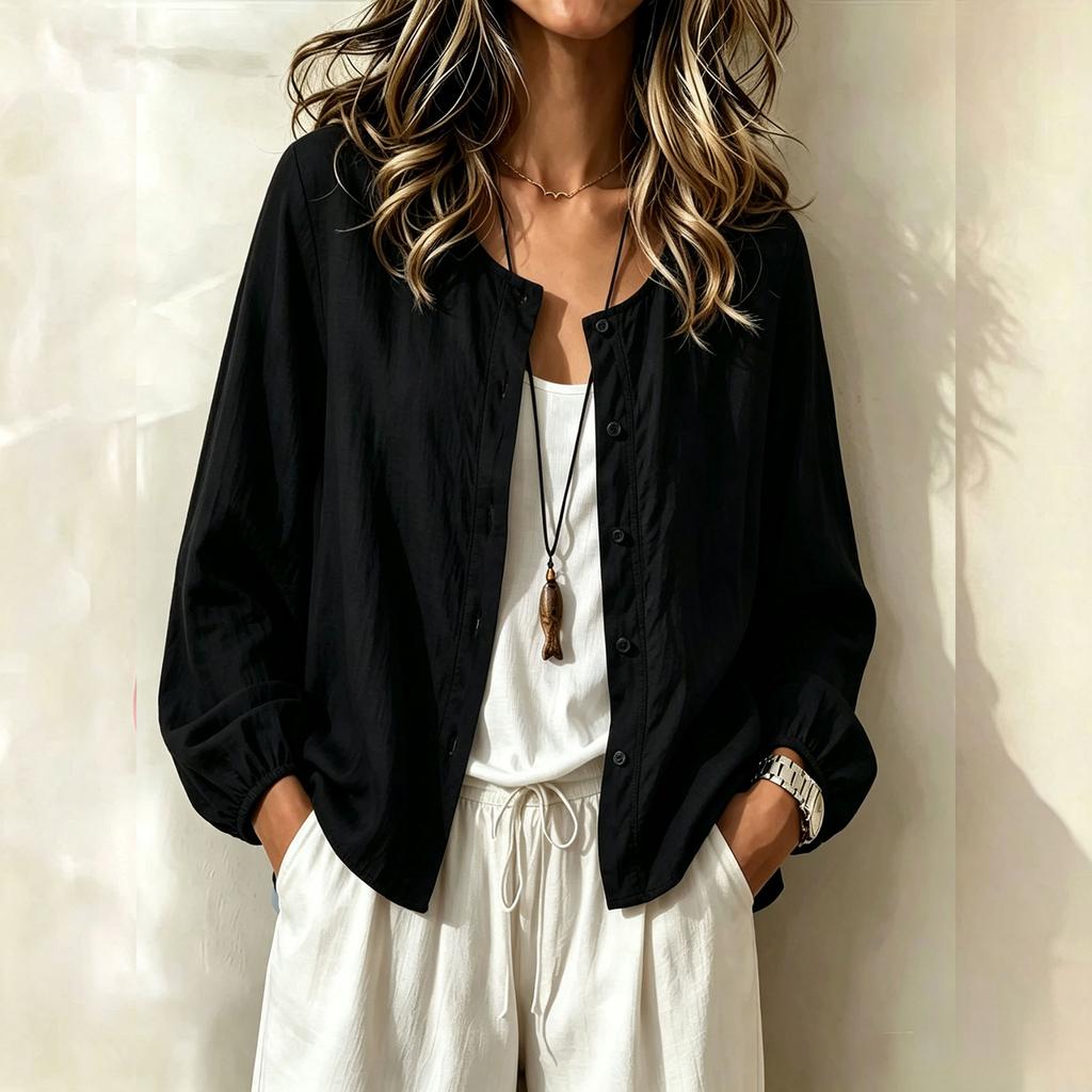 Damen Boho Baumwoll-Leinen-Bluse mit Spitzenbesatz für den Urlaub