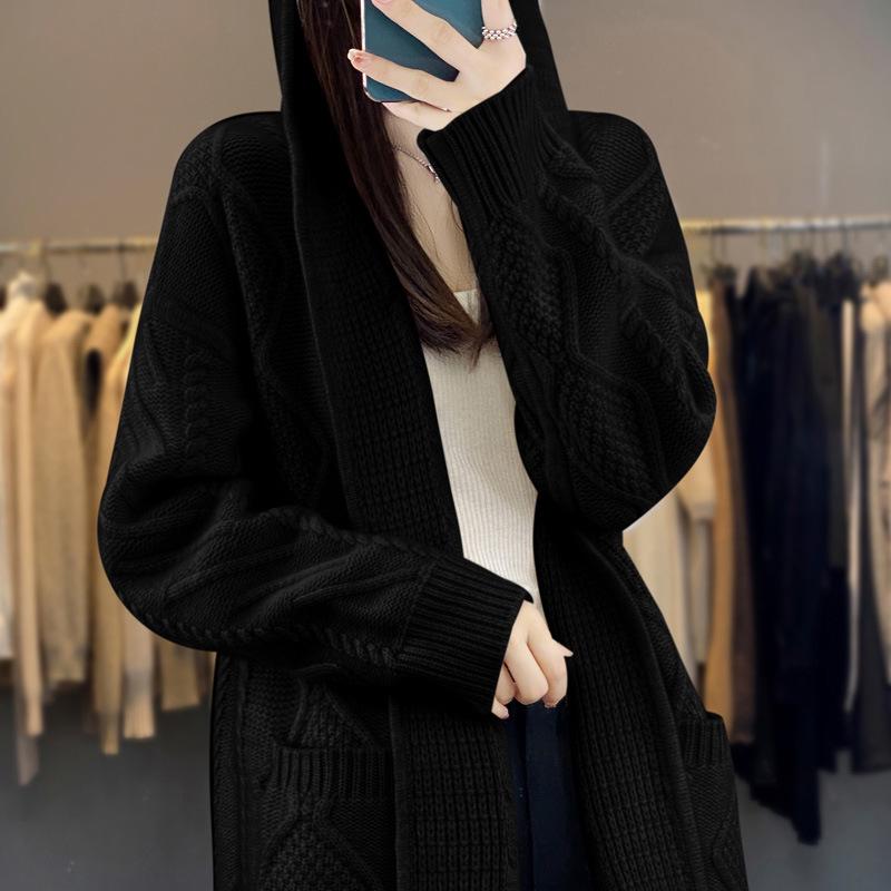 Women's Thick Hooded Mid-Length Knit Coat & Over-the-Knee Sweater Cardigan