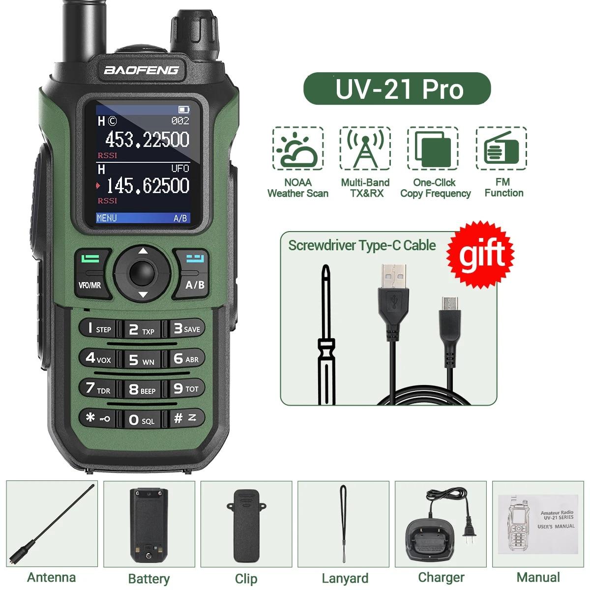 Baofeng UV 21 Pro Draadloze Frequentie Kopiëren Walkie Talkie Lange Afstand Multi Band Waterdicht Type-C Amateurradio UV-21 GPS UV5R mini Euro groen