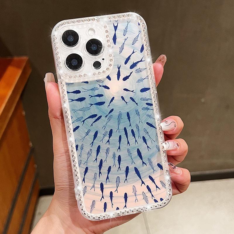 Diamond Frame Clear Phone Case For iPhone 16E 16 Pro Max 15 Pro 14 13 12 11 Whale Turtle Pattern Soft Silicone Shockproof Cover