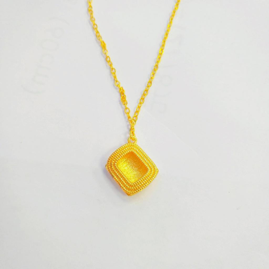 Zhou Family Small Yellow Sugar Cube Necklace with Gold Brushed Finish On Square Link Chain and Imitation Vietnamese Sand Gold Pendant