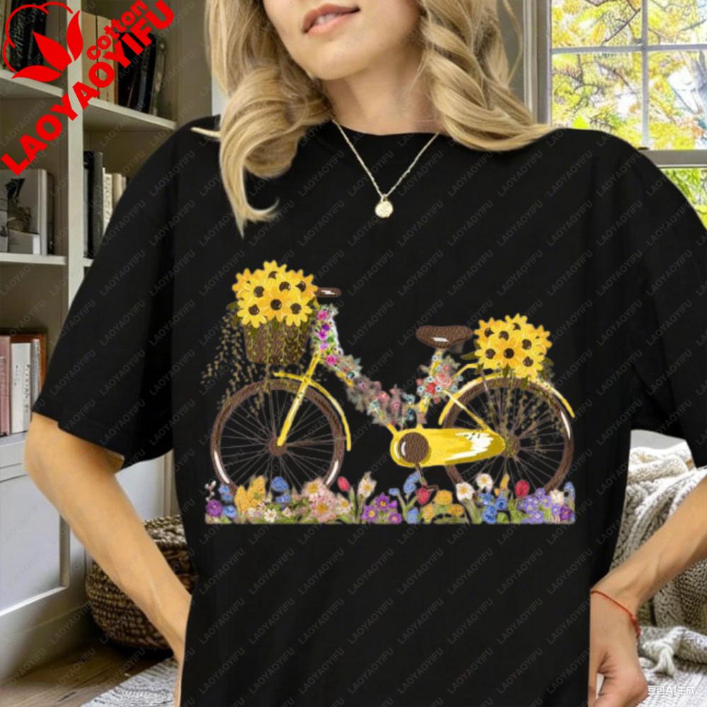 Floral Bicycle TShirt Sunflower Wildflower Graphic Tee Cute Garden Nature Shirt for Unisex Summer Botanical Gift Tops Y2k Top