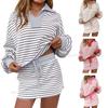 Women V Neck Striped Long Sleeve Cropped Top High Waist Mini Skirt Set Adjustable Drawstring Belt