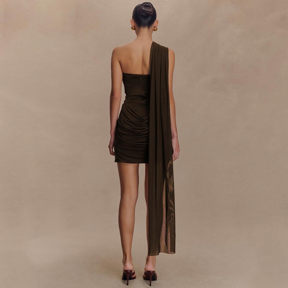 Women's One Shoulder Sleeveless Mini Dress Bodycon High Waist Sexy Milk Silk Ruched Draped Club Dress