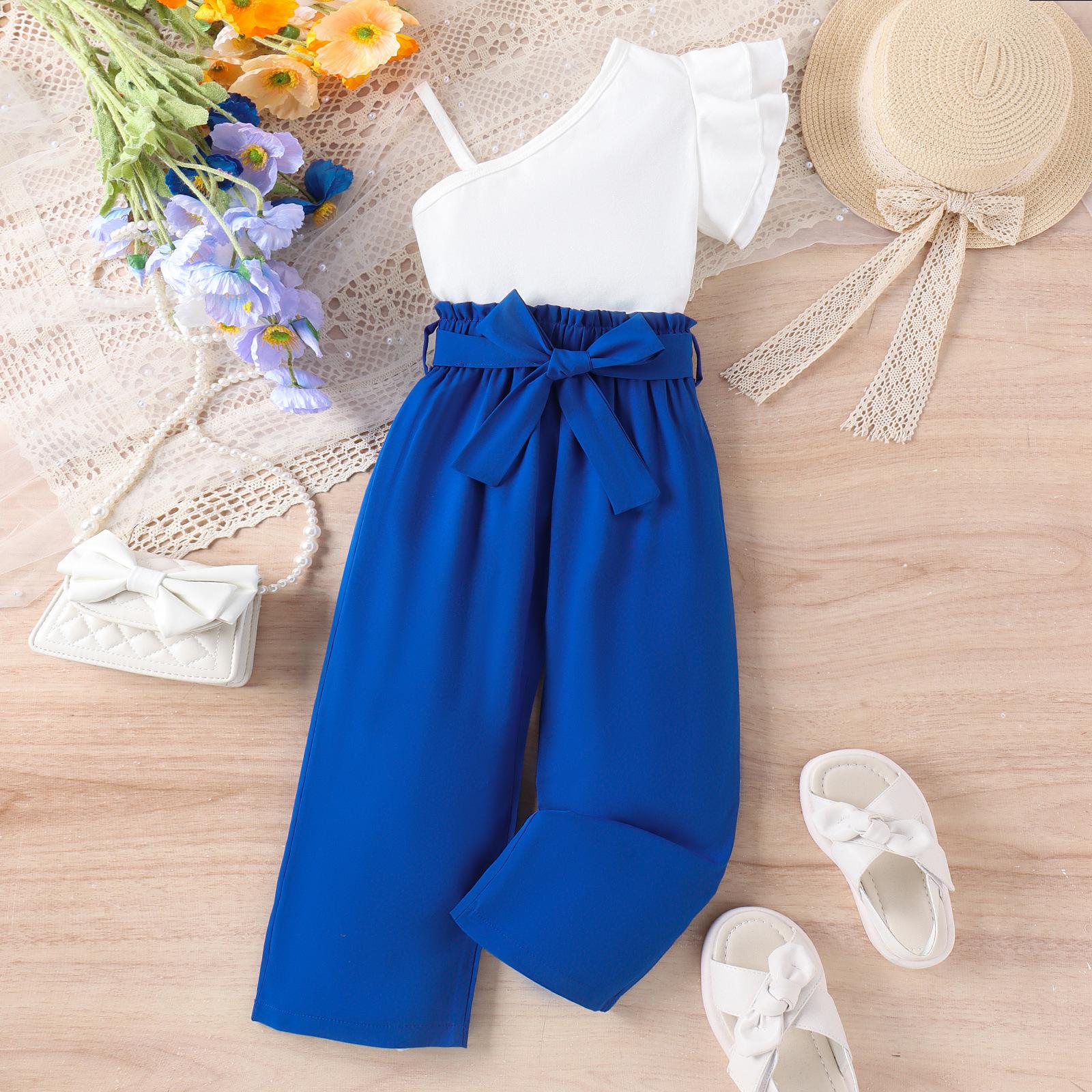 

Летний кружевной топ на одно плечо с короткими рукавами и однотонным брючным костюмом с поясом для девочек 7Y