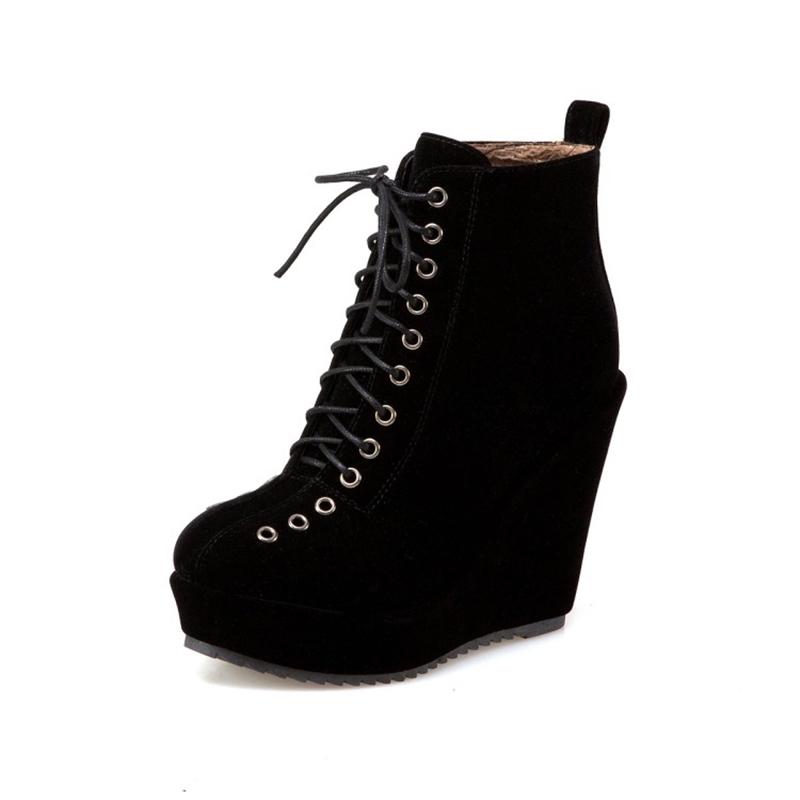 Stivaletti alla caviglia da donna con plateau, scarpe autunnali e invernali, con zeppa, tacchi alti, stringate, stivaletti corti, zeppe in pelle scamosciata nera, scarpe da ballo