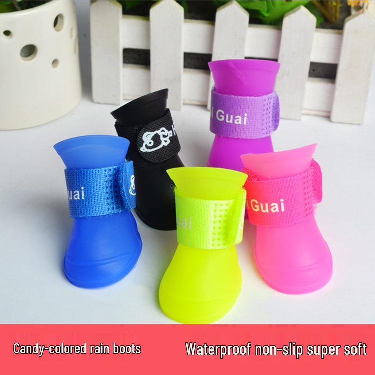 Candy Color Waterproof Vinyl Dog Boots - Anti-Slip, Pet Rain Shoes, 4-Piece Set, Multi-Color Options.