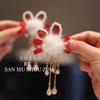 Winter Rabbit Pom-Pom Hanfu Hair Clips - Cute Red Headdress for Children’s Costumes