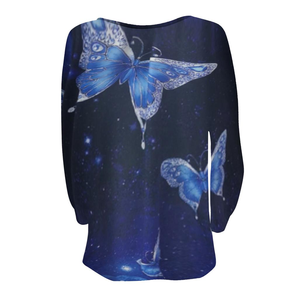 Women's Long Sleeve Tops V-neck Zipper Pullover Butterfly Print T-shirt Blouse