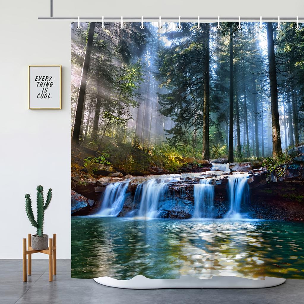 Enchanting Forest Waterfall Shower Curtain -Polyester, Machine Washable with Hooks Included - Perfect for Bathroom Decor