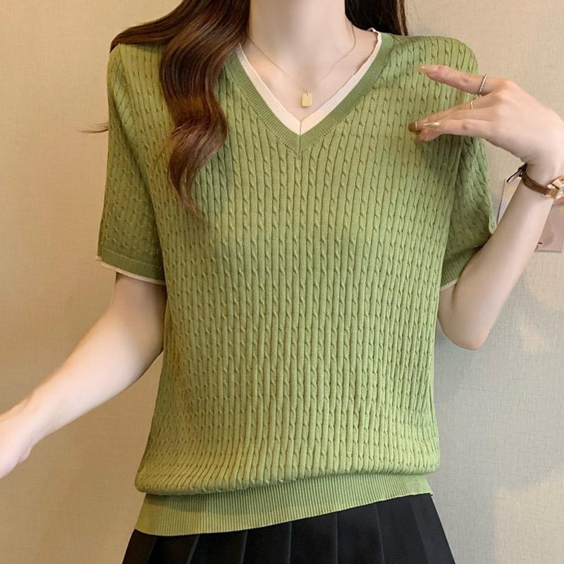 Women Sweaters Pullovers 2025 Summer Short Sleeve V-Neck Black Knitted Sweater Women Tops Pullover JJ221