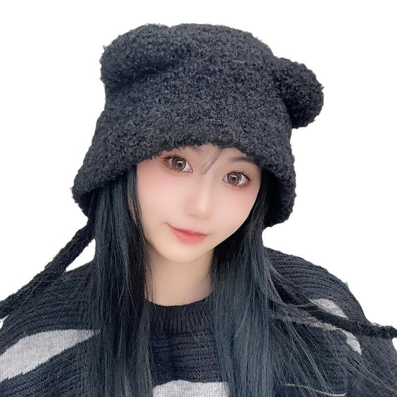 Cute Bear Ear Knitted Hat for Women, Autumn and Winter, Makes the Face Look Smaller, Ear Protection, Warm, Large Head Circumference, Gray Beanie