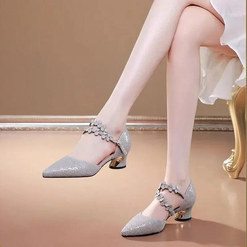 Single Shoes Women's Hollow Sandals Summer New Baotou Rhinestone Large Size Trend Fashion Versatile Gold High Heels Bridal Shoes