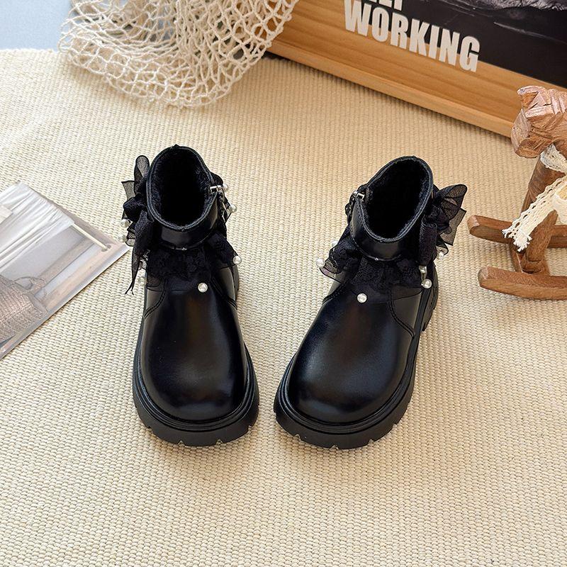 Children's Sweet Ankle Boots, Winter Girls' Fashionable Lace Bow and Fleece Boots