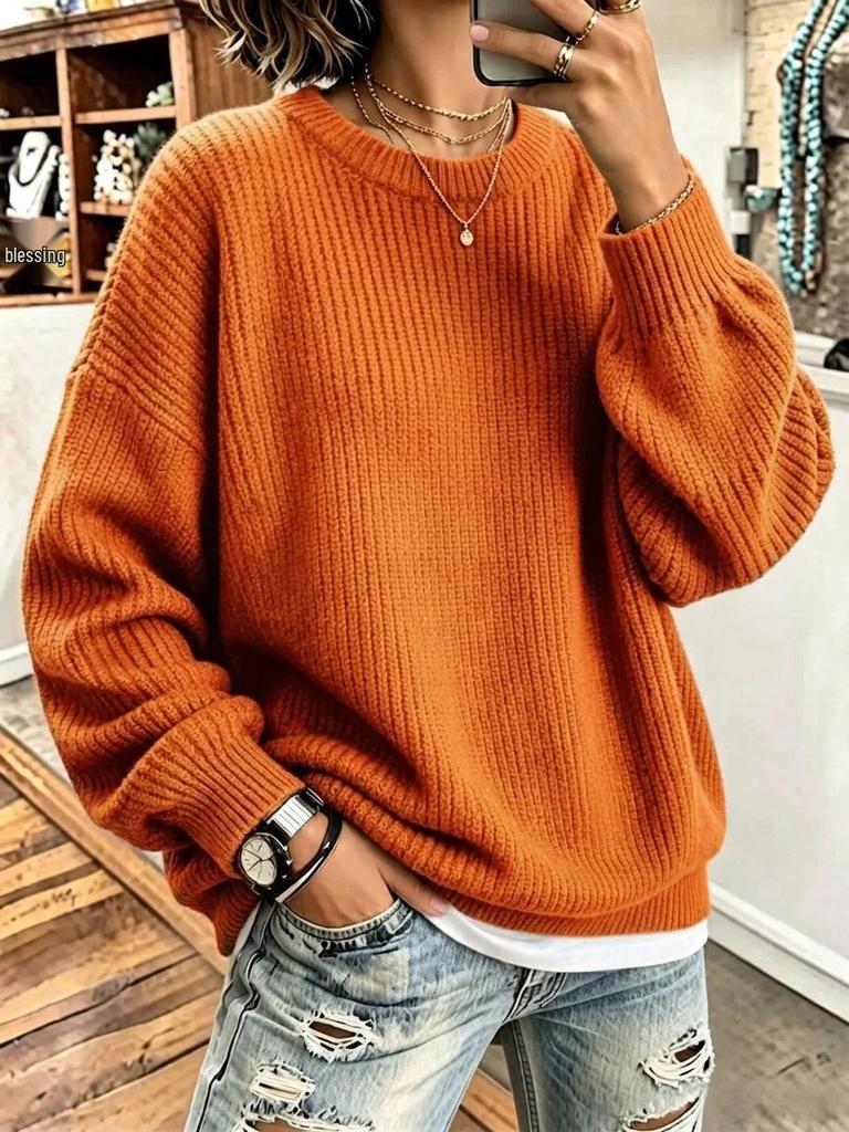 2026 European Autumn-Winter Ribbed Knit Round Neck Sweater - Loose, Comfortable Long Sleeve Pullover for Women