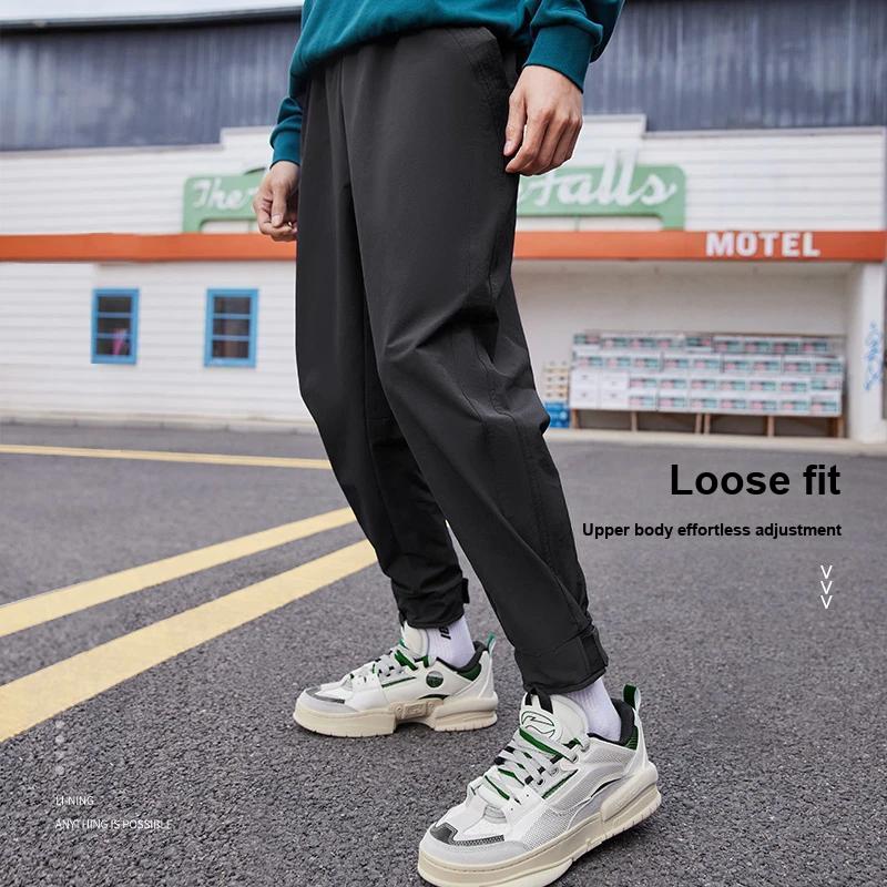 Li Ning X Jackie Chan Collaboration Kung Fu Series Solid Color Lace-Up Straight Loose Casual Pants Men Bottoms Gray AKXR473-2