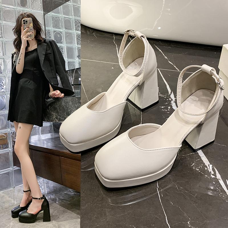 Fashion Plus Size Women's Shoes Wide Fit Summer New Style Single Shoes Thick Heel High Heel Sandals French Mary Jane Mini Leather Shoes