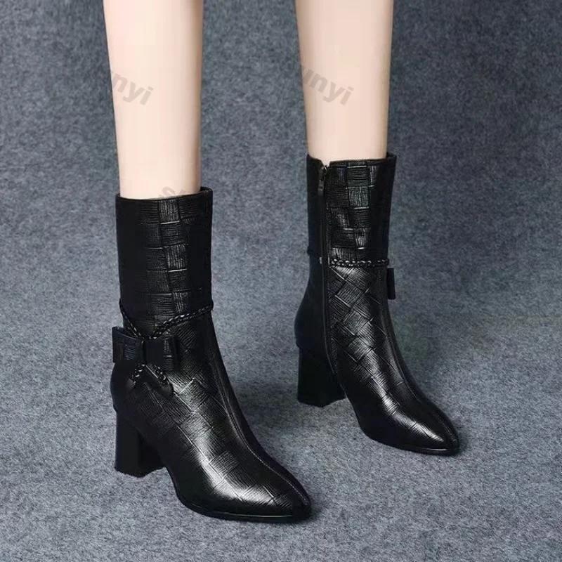 Mujer Tacones Altos Botines de Nieve Otoño Invierno Puntiagudos Cremallera Lateral Zapatos Gruesos Tendencia Lazos Media Pantorrilla Chelsea Bombas Botas