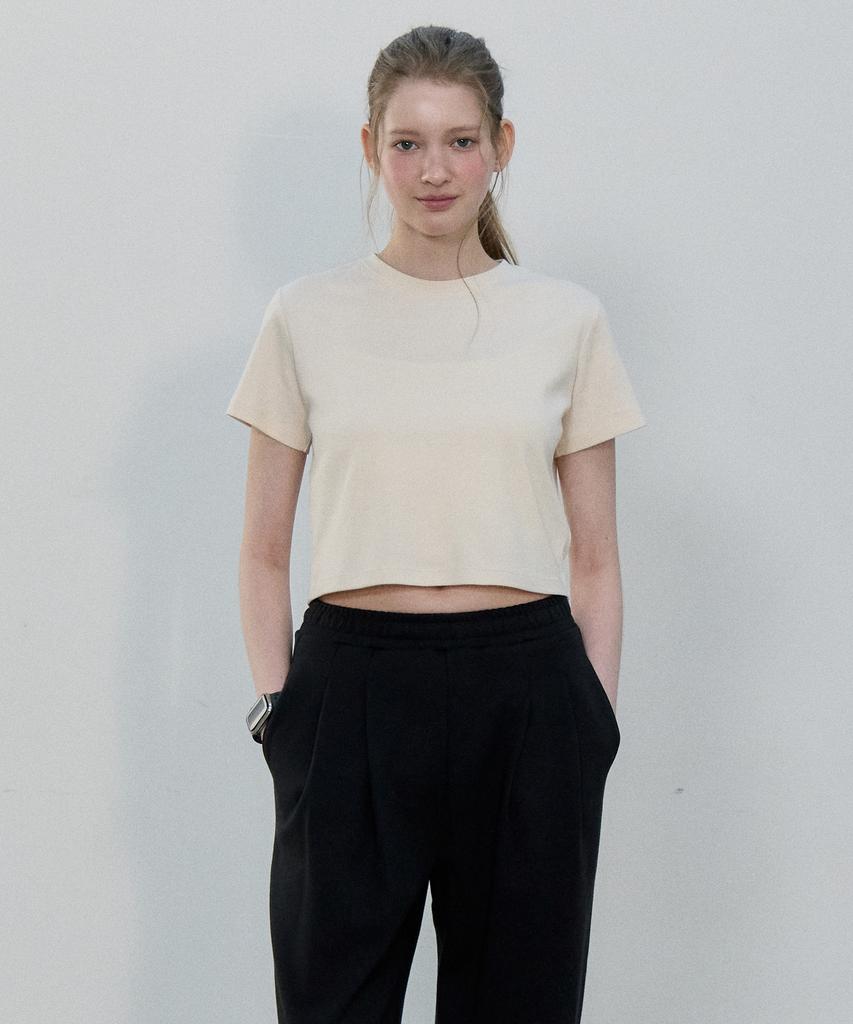 BASIC HOUSE Women'S Round Crop Short Sleeve T-Shirt Cream Lats0202