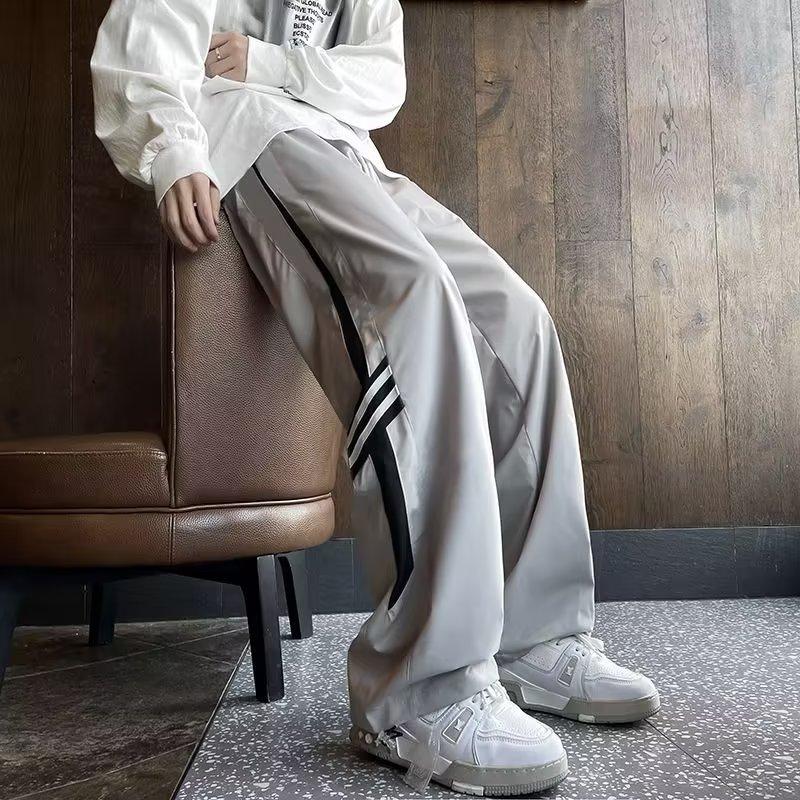 American Retro Hiphop Pants High Street Splicing Striped Sweatpants Men's Loose Straight Drape Wide-leg Pants
