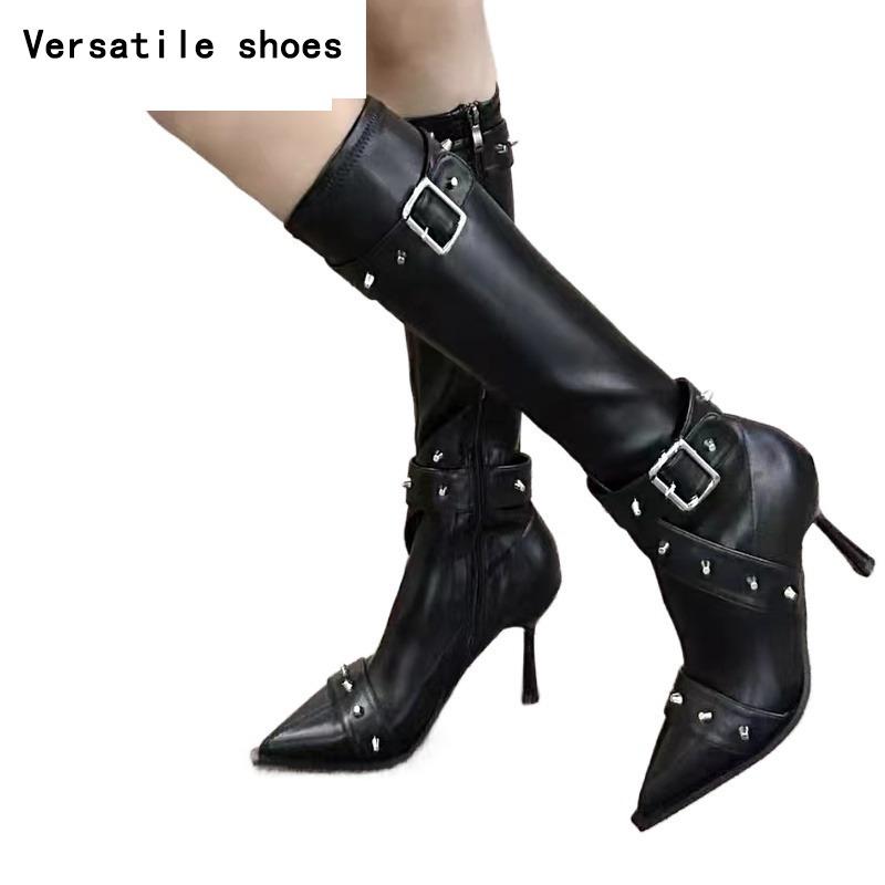 Элегантные сапоги на высоком каблуке до колена в стиле панк-женская обувь — фото 7