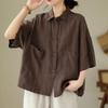 Women's Summer Cotton Linen Blouse Top Literary Loose Solid Color Polo Collar 3/4 Sleeve Shirt