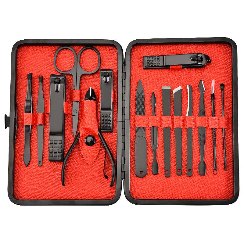 Red 18/15/12/7 Pcs Stainless Steel Black Nail Clipper Grooming Kit With Leather Travel Case Manicure Set