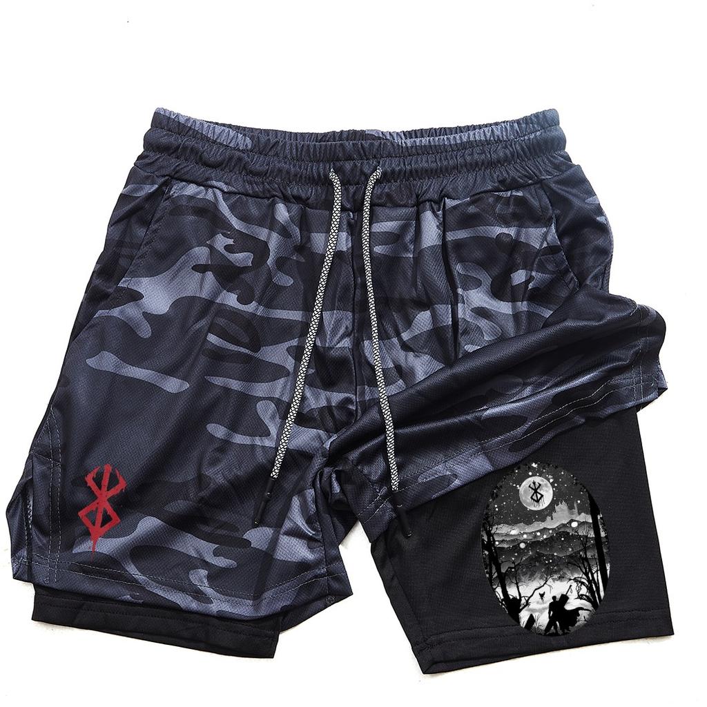 Pantalones cortos de gimnasio para hombre, ropa deportiva 2 en 1 de Anime para correr, trotar, entrenamiento, Yoga, baloncesto