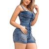 Women Jeans Cropped Pants Overalls Jumpsuits Poled Distressed Casual Fit