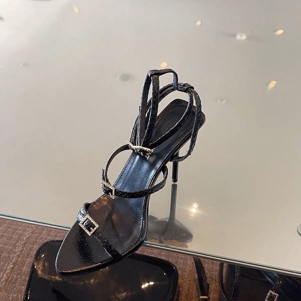 Haute couture 2025 spring and summer new temperament rhinestone square buckle super high heel sandals women's sexy side space thin heel open-toed w