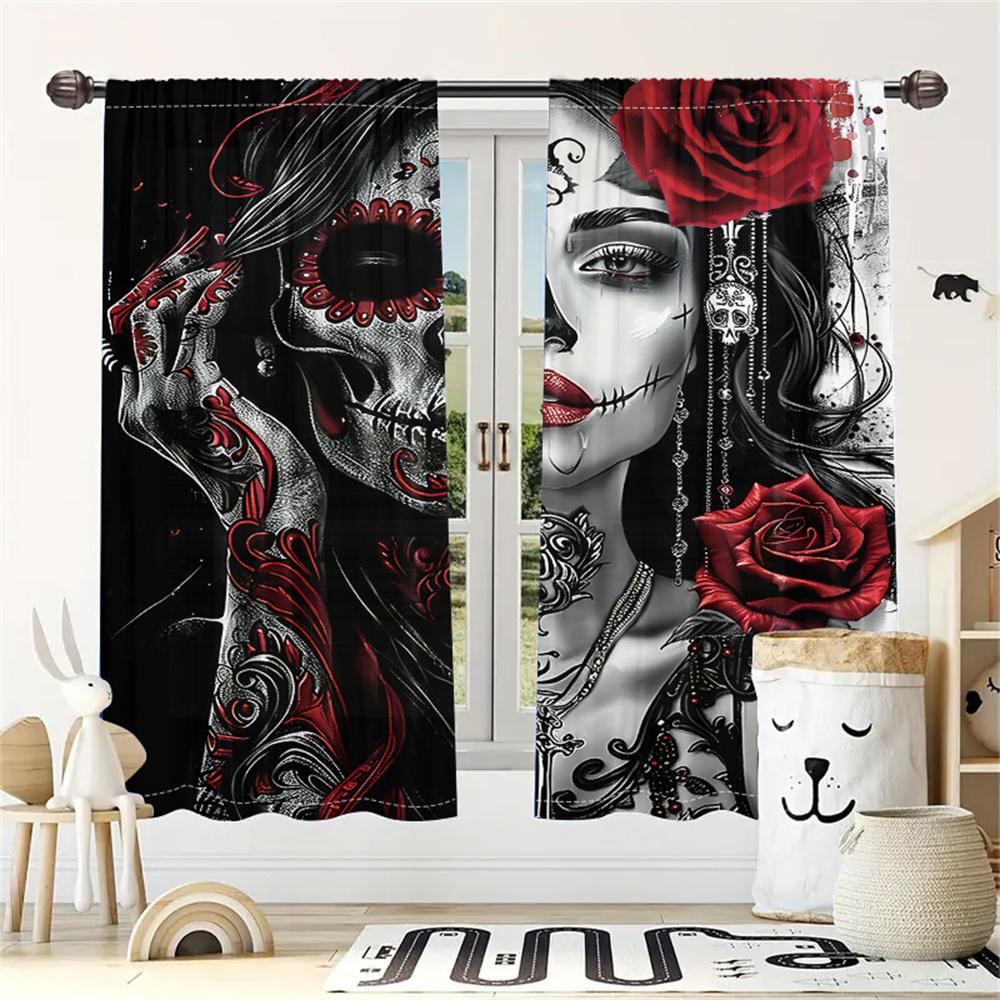 2Pcs Gothic Curtains Black Red Skull Rose Pattern Living Room Bedroom Sunshade Mysterious Dark Style Decor Curtains