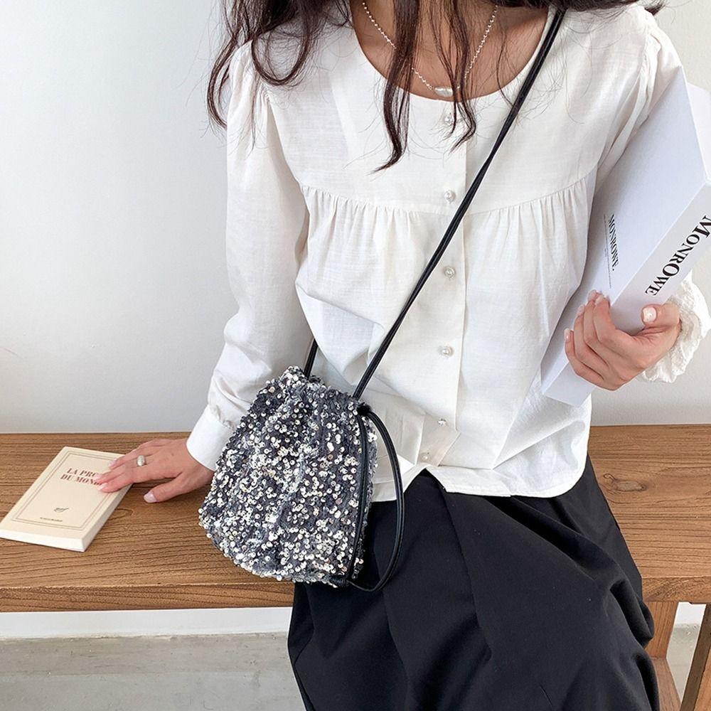 

Fold Sequin Shoulder Bag Cloth Small Crossbody Bag Fashion Drawstring Bucket Bag Students B