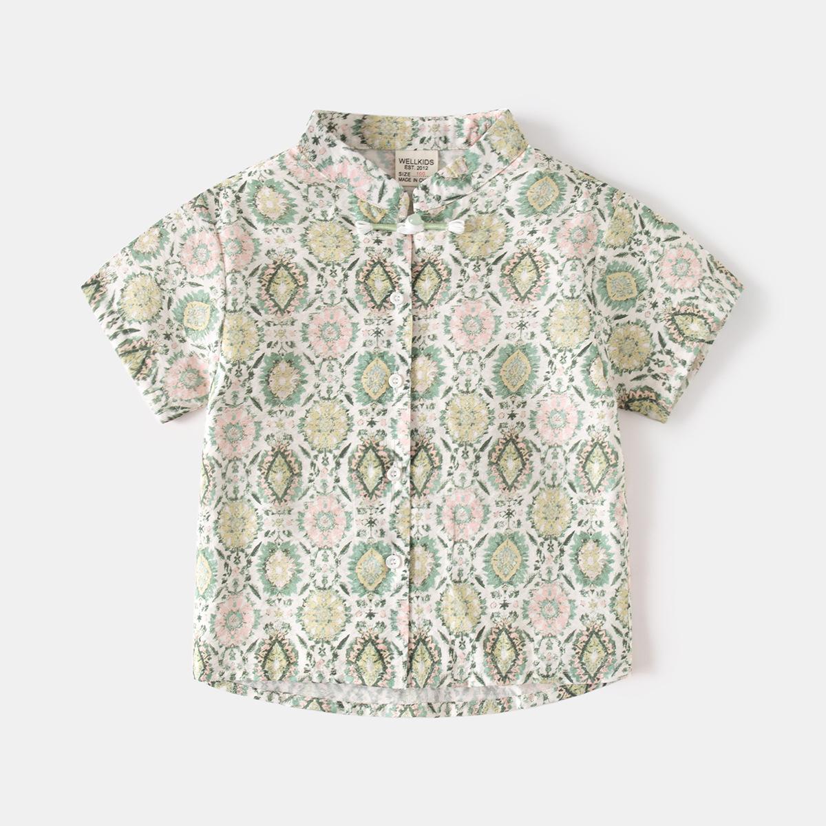 

Рубашка с короткими рукавами для мальчиков, летняя новая детская одежда 2025 года, рубашка с воротником-стойкой, топ с принтом 130cm