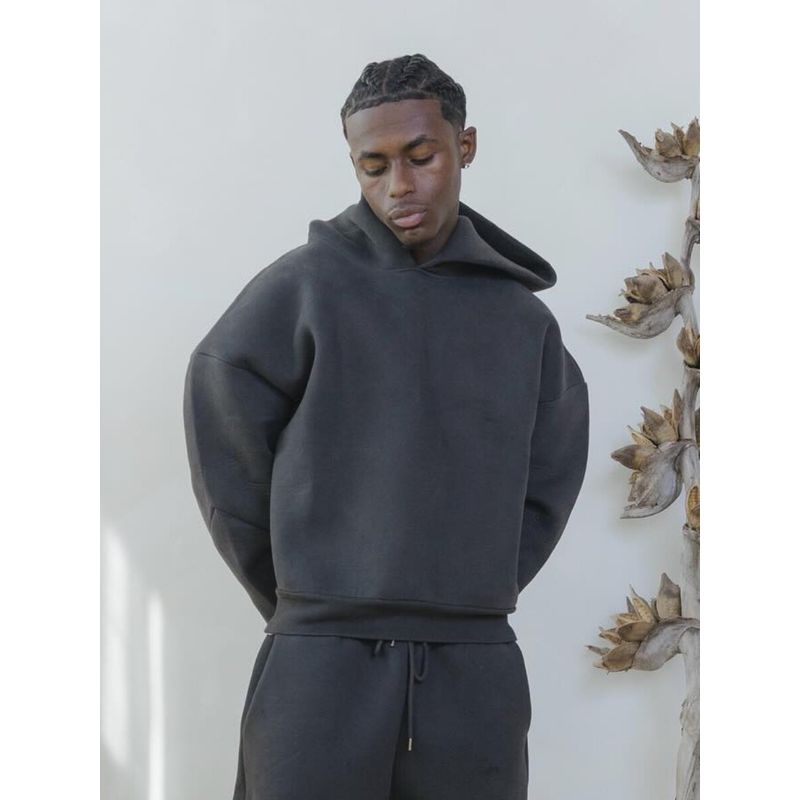 American-Style Short Boxy Heavyweight 600g Hooded Sweatshirt for Men, Trendy Cleanfit Silhouette, Three-Dimensional Solid Color Textured Jacket