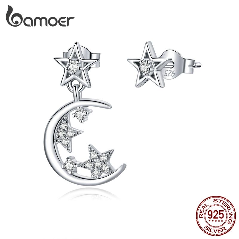 

BAMOER Аутентичный 925 стерлингового серебра Pave Setting CZ Shiny Star-moon Серьга Оригинальный дизайн бренда
