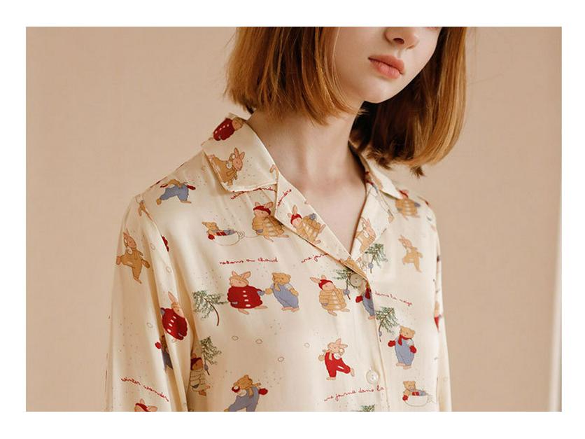 Damen Weihnachts-Satin-Pyjama-Set mit Kaninchen-Print - Kurzarm & Shorts