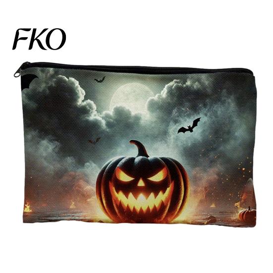 Halloween Storage Bag Bag, Large Capacity Cosmetic with Pumpkin Black Zipper Pouch Castle Skull Print, Smooth Thickened Canvas Toiletry Student School