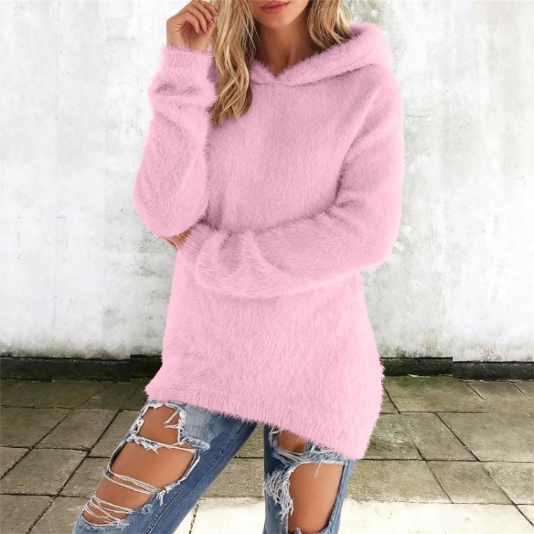 

Warm Hooded Fleece Sweatshirt for Women Solid Color Long Sleeve Fashion Top S розовый