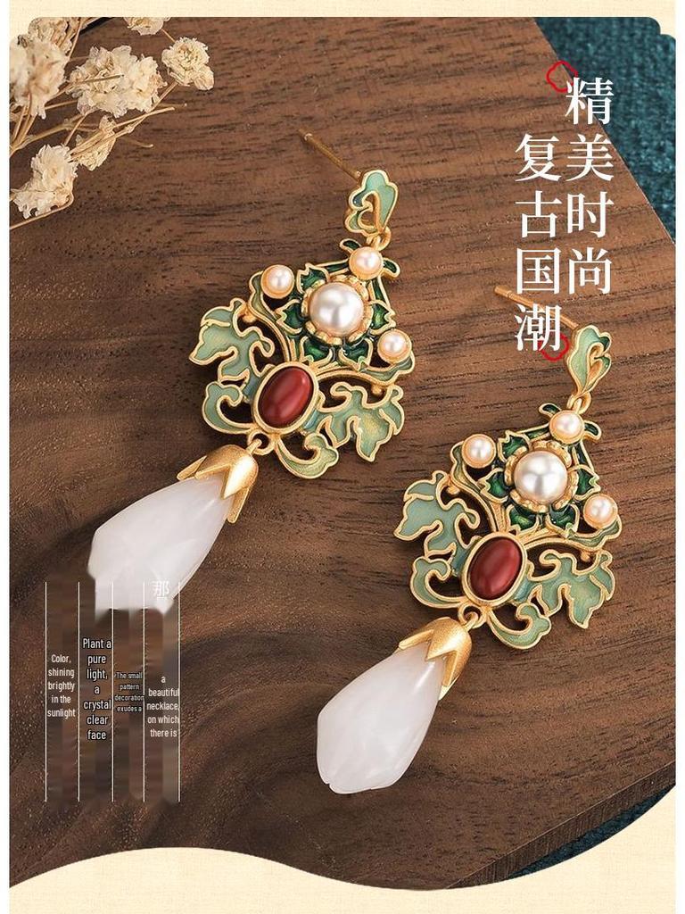 Retro Magnolia Fairy Earrings: Enamel Cloisonné & White Jade Cheongsam Style