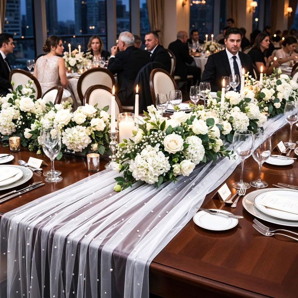 White Tulle Pearl Table Runner Sheer Table Cloth Table Decorations Bridal Veil  Birthday Party