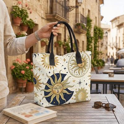  Boho Sun Moon Print Tote Bag Aesthetic Casual Large Capacity Shopping Shoulder Bag for Daily Use