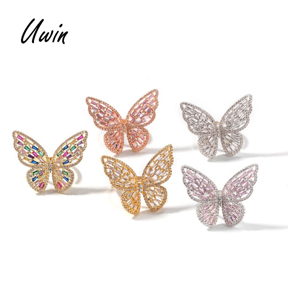 Hip Hop Pink Butterfly Ring Cubic Zirconia Gold Plating Baguette CZ Toe Finger Ring Women Rapper Bling Bling Jewelry